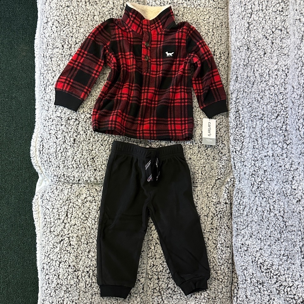 Carter's Red & Black Plaid Fleece Pullover with Black Joggers - 12 months
